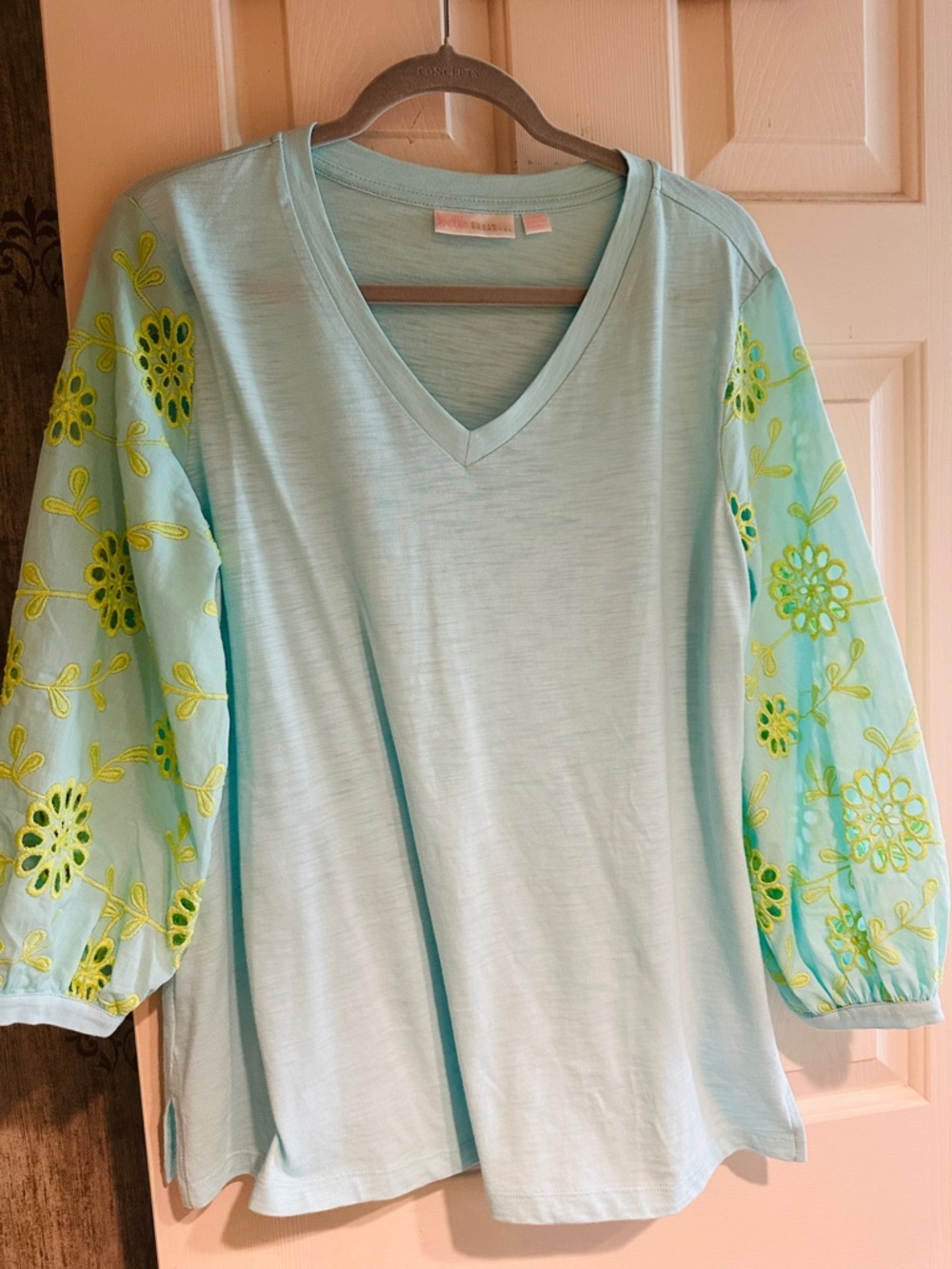 Kim Gravel cotton top with unique detail on sleeves
